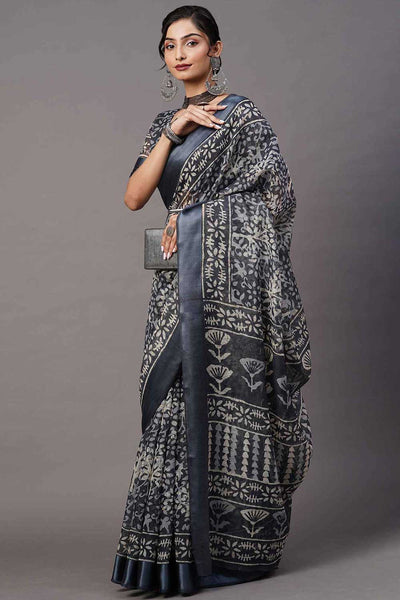 Buy Remi Grey Cotton Blend Ikat Batik Printed One Minute Saree Online - Back