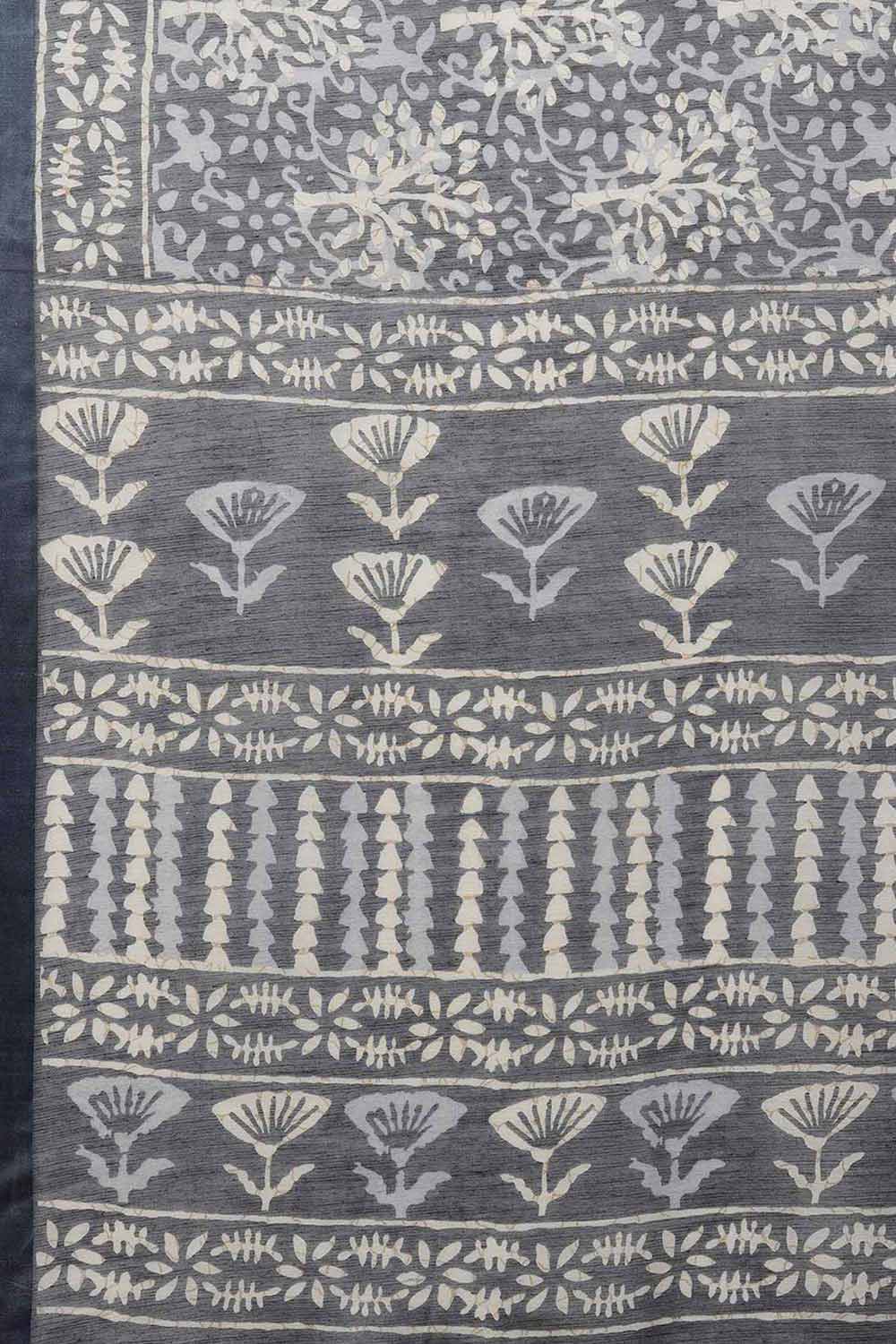Buy Remi Grey Cotton Blend Ikat Batik Printed One Minute Saree Online - Front