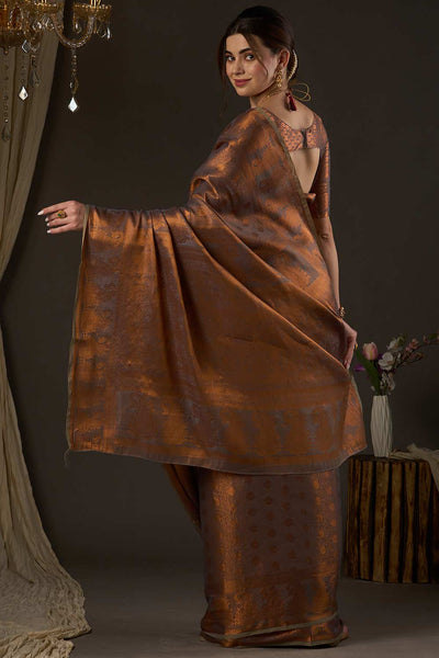 Shop Fata Metallic Orange & Grey Silk Blend Paisley One Minute Saree at best offer at our  Store - One Minute Saree