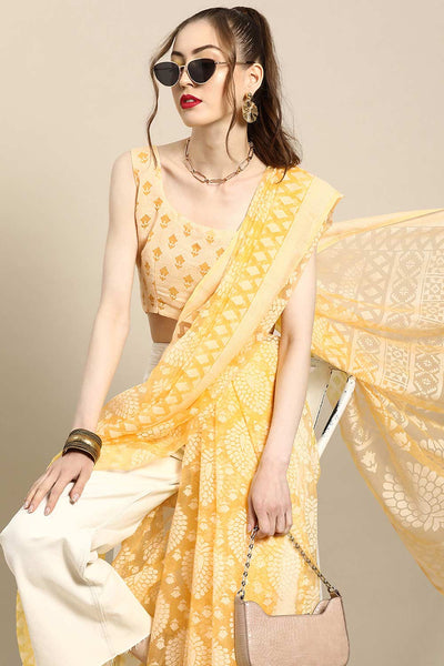 Buy Dory Yellow Brasso Floral Print Chanderi One Minute Saree Online