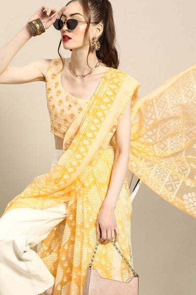 Buy Dory Yellow Brasso Floral Print Chanderi One Minute Saree Online - Back