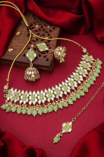 Buy Kassie Lime Green Stone Necklace & Earrings Set Online - One Minute Saree
