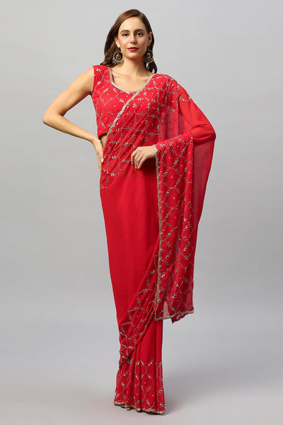 Buy Ava Luxe Red Pure Georgette With Gold Bead Work One Minute Saree Online - One Minute Saree