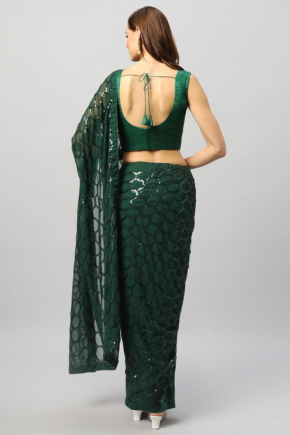 Buy Ranya Emerald Green Faux Georgette Sequins One Minute Saree Online - Back
