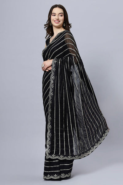 Shop Briony Black & Silver Mirror work Georgette One Minute Saree at best offer at our  Store - One Minute Saree