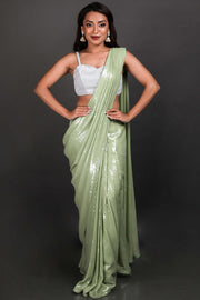 Halena Pastel Light Green Viscose Georgette Water Sequins One Minute Saree