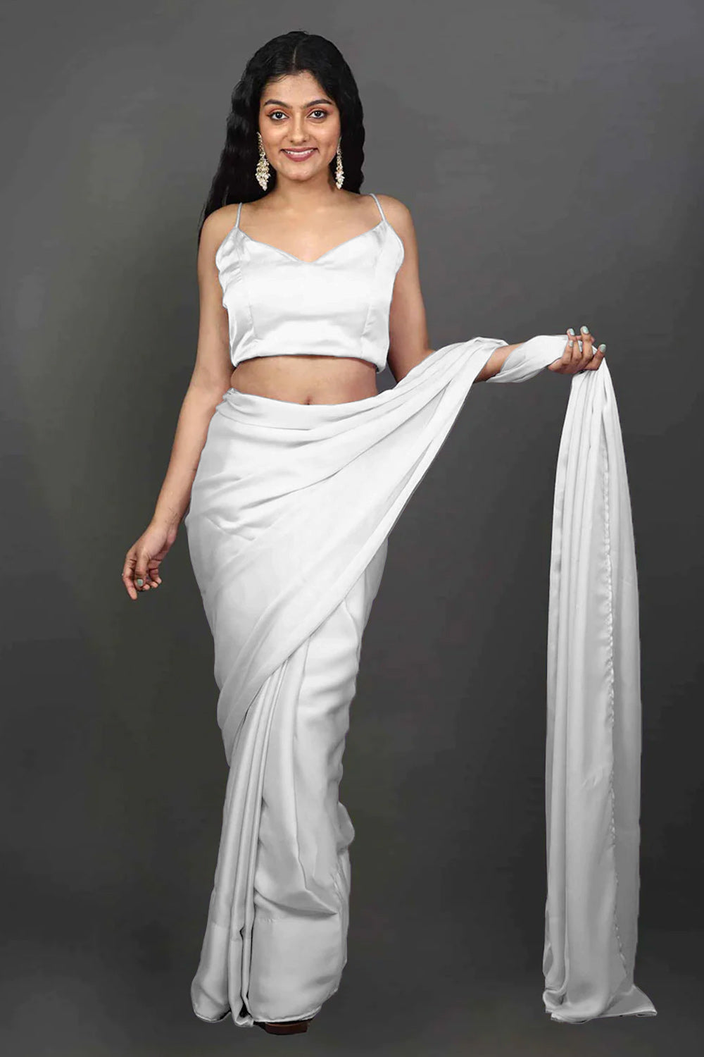 Shop Jiya Off-White Monochrome Satin One Minute Saree at best offer at our  Store - One Minute Saree