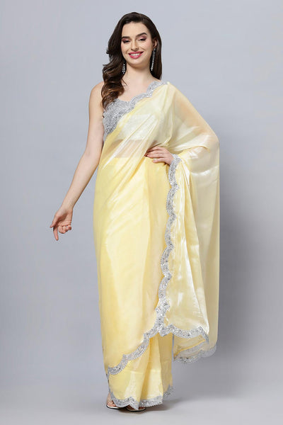 Buy Candie Yellow Soft Organza Scallop Border One Minute Saree Online - One Minute Saree