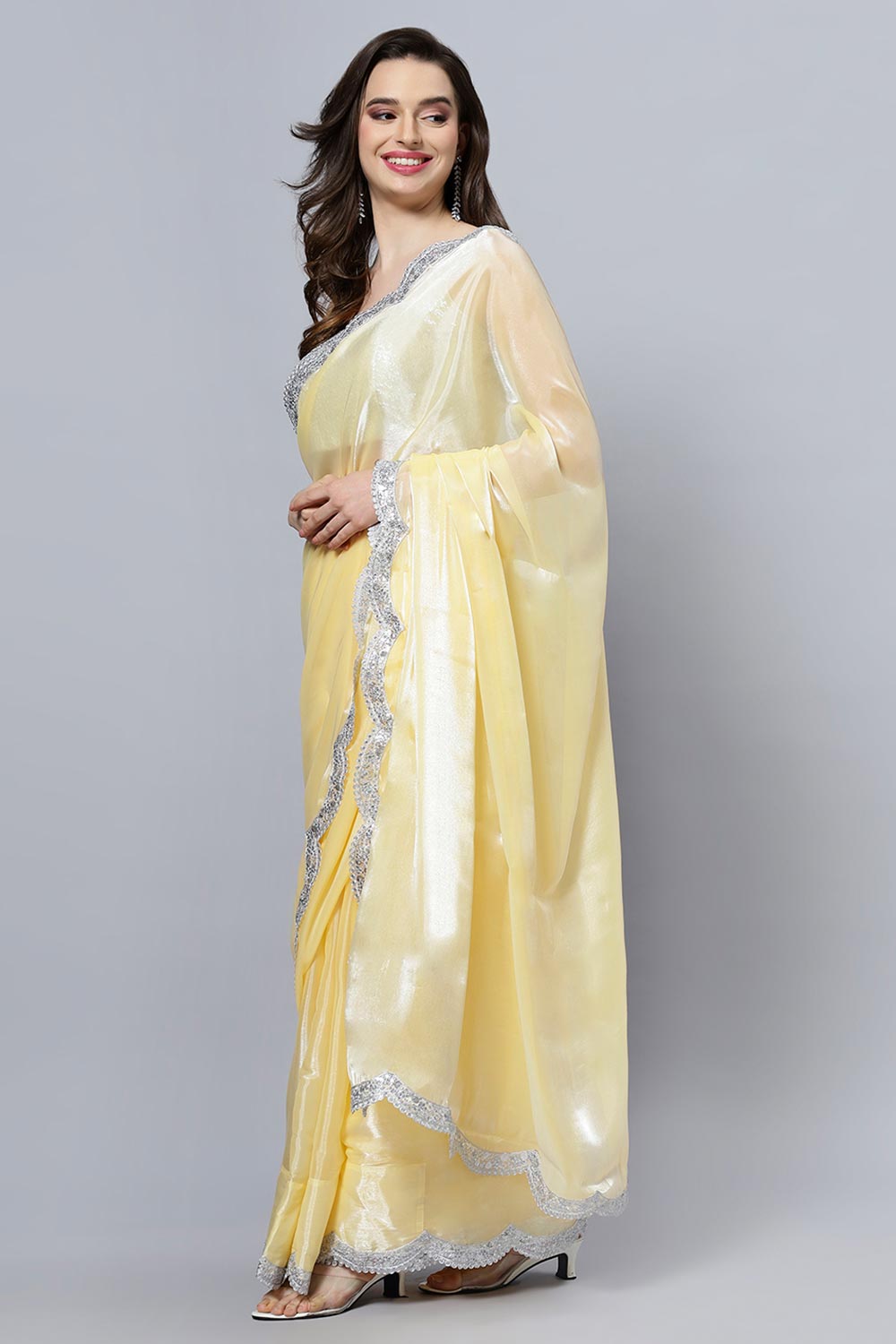 Shop Candie Yellow Soft Organza Scallop Border One Minute Saree at best offer at our  Store - One Minute Saree