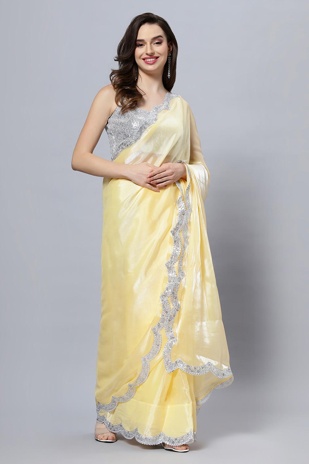Buy Candie Yellow Soft Organza Scallop Border One Minute Saree Online