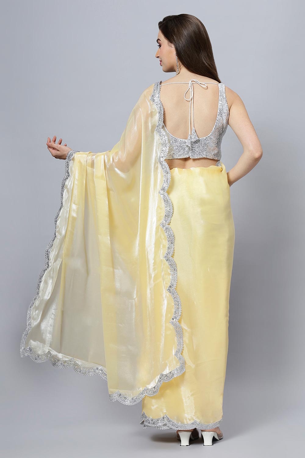 Buy Candie Yellow Soft Organza Scallop Border One Minute Saree Online - Back