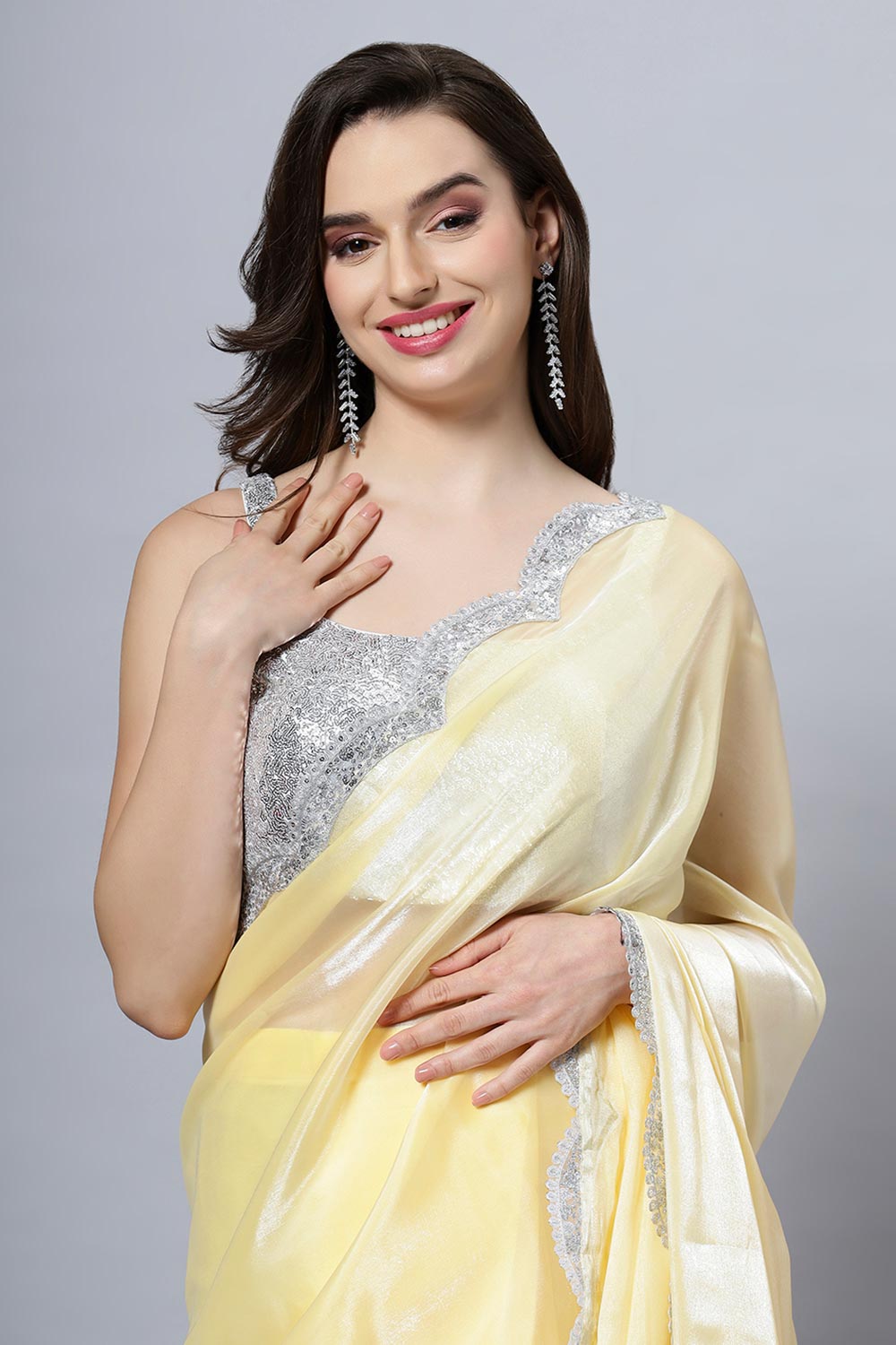Buy Candie Yellow Soft Organza Scallop Border One Minute Saree Online - Front