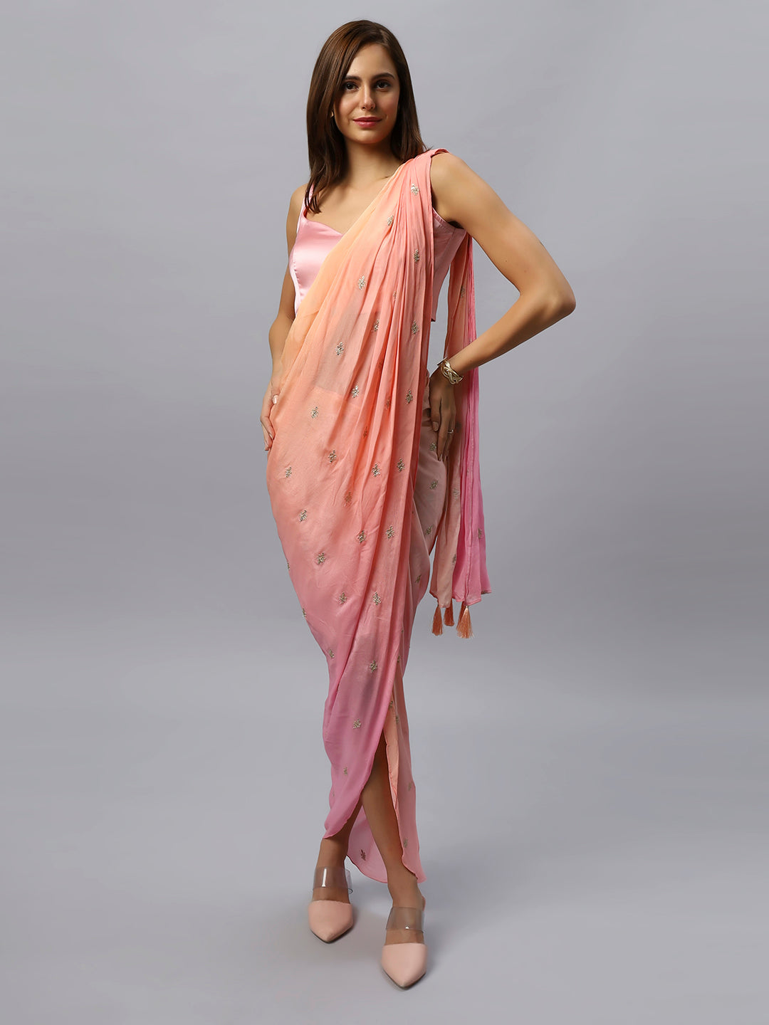 Pariza Peach Chinon Silk Sarong Saree With Gold Sequin Work ONE pariza-peach-chinon-silk-sarong-saree-with-gold-sequin-work-one