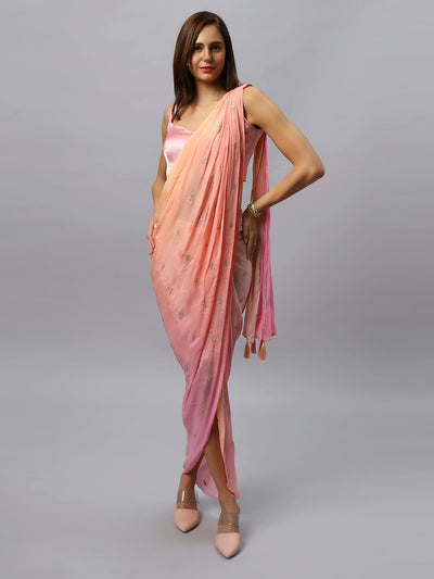 Buy Pariza Peach Chinon Silk Sarong Saree with Gold Sequin Work Online - One Minute Saree