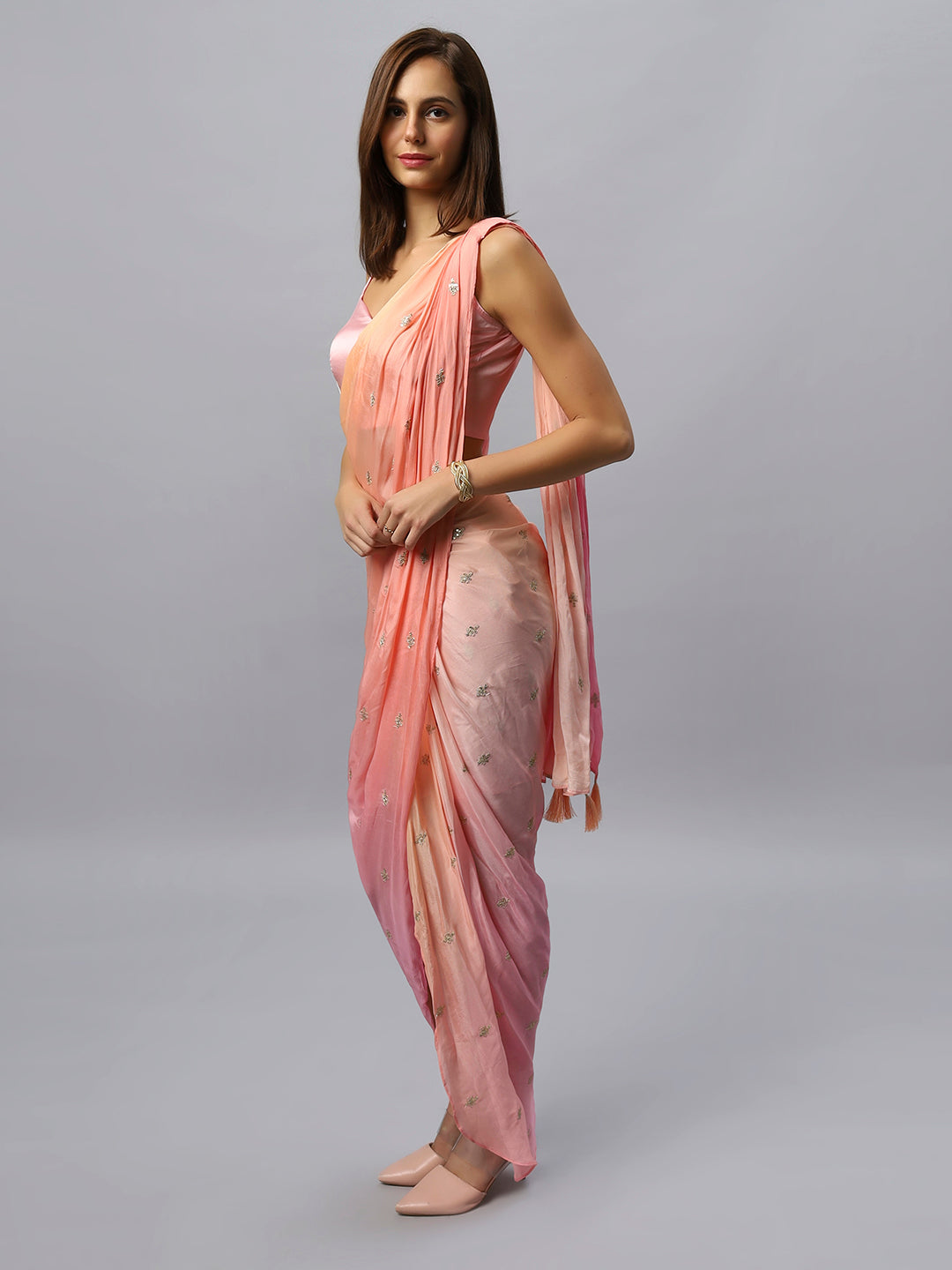 Buy Pariza Peach Chinon Silk Sarong Saree with Gold Sequin Work Online