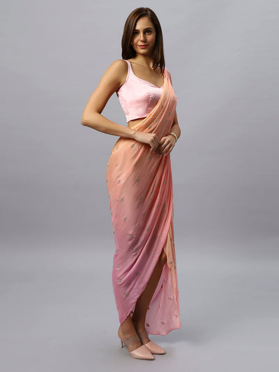 Buy Pariza Peach Chinon Silk Sarong Saree with Gold Sequin Work Online - Back