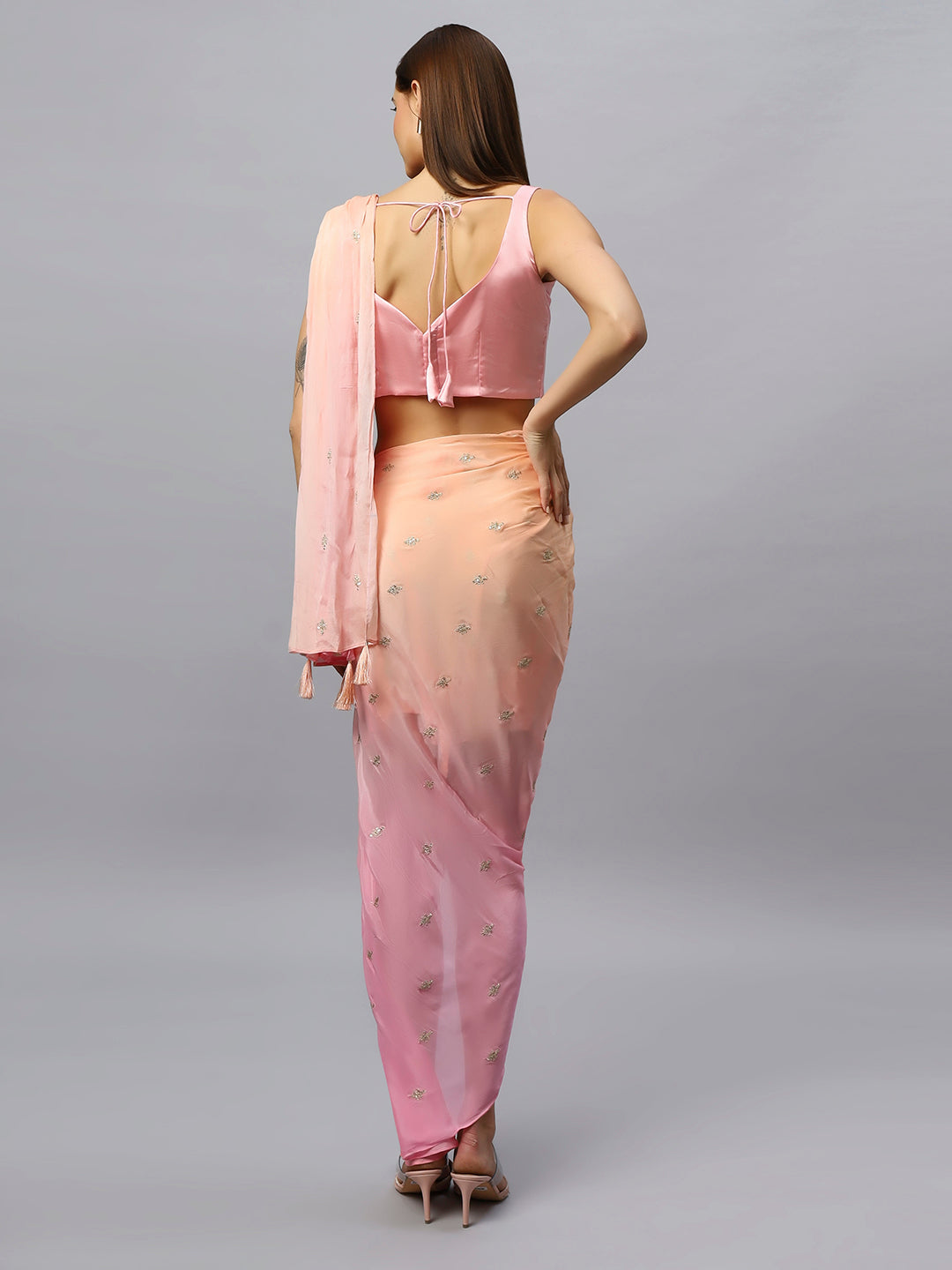 Buy Pariza Peach Chinon Silk Sarong Saree with Gold Sequin Work Online - Front