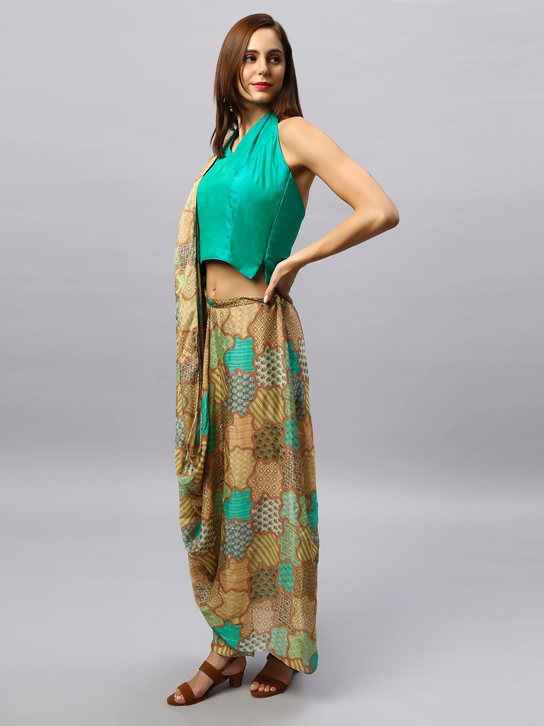 Buy Kaia Gold Chinon Silk Sarong Saree with Gold Sequins Online