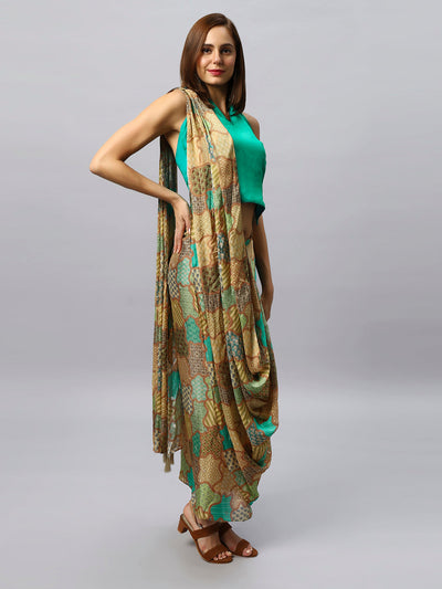 Buy Kaia Gold Chinon Silk Sarong Saree with Gold Sequins Online - Back