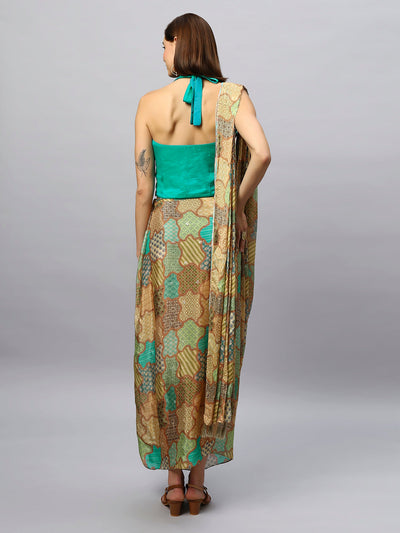 Buy Kaia Gold Chinon Silk Sarong Saree with Gold Sequins Online - Front