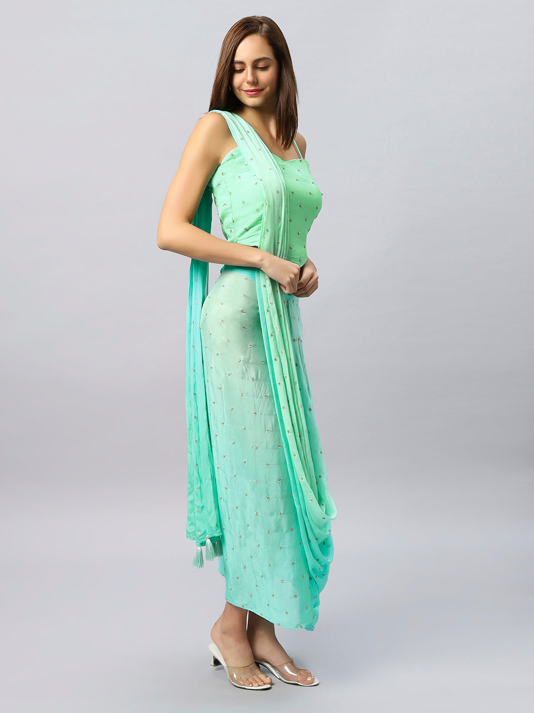 Buy Loki Mint Chinon Silk Sarong Saree with Gold Sequins Online - Side