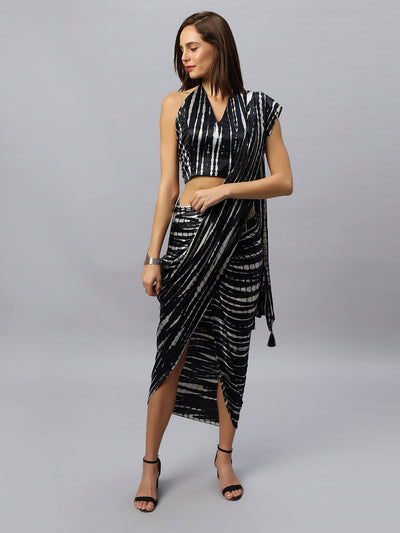 Buy Rihana Black & White Modal Satin Tie Dye Sarong Saree Online - One Minute Saree