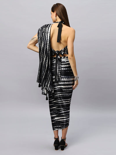 Buy Rihana Black & White Modal Satin Tie Dye Sarong Saree Online - Front