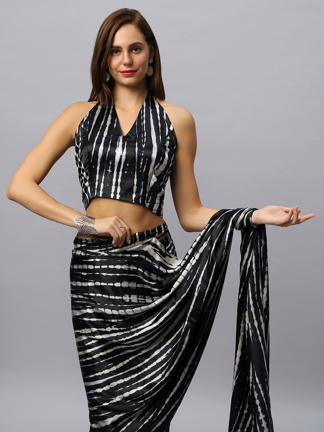 Buy Rihana Black & White Modal Satin Tie Dye Sarong Saree Online - Side