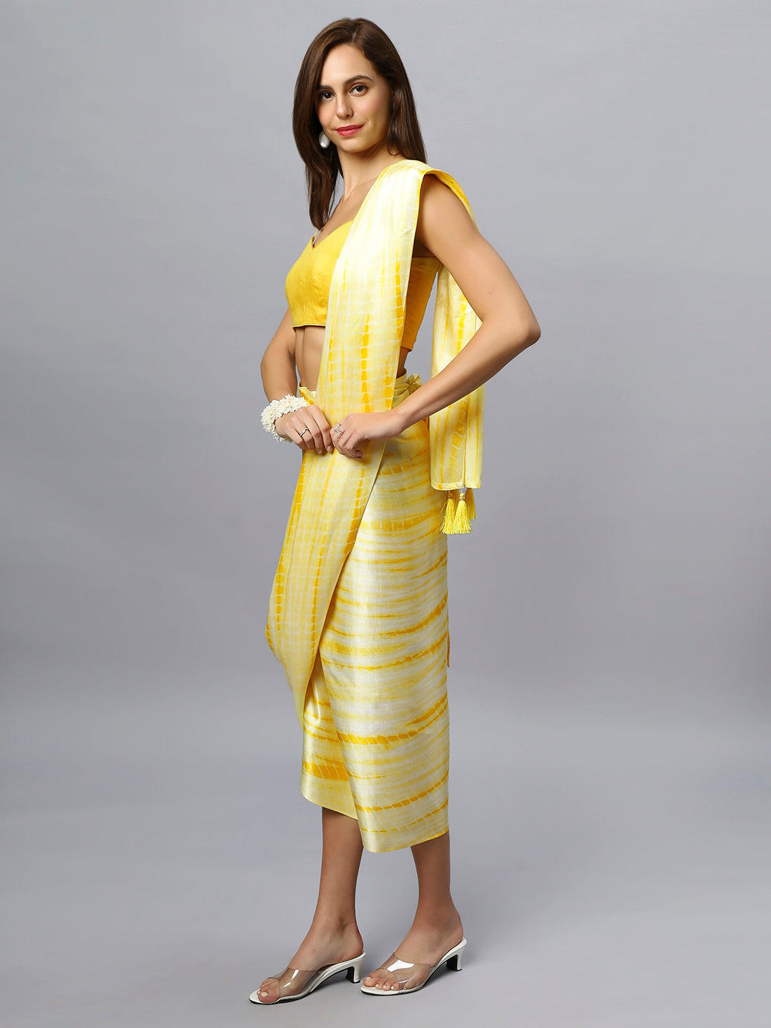 Buy Avril Yellow Modal Satin Tie Dye Sarong Saree Online