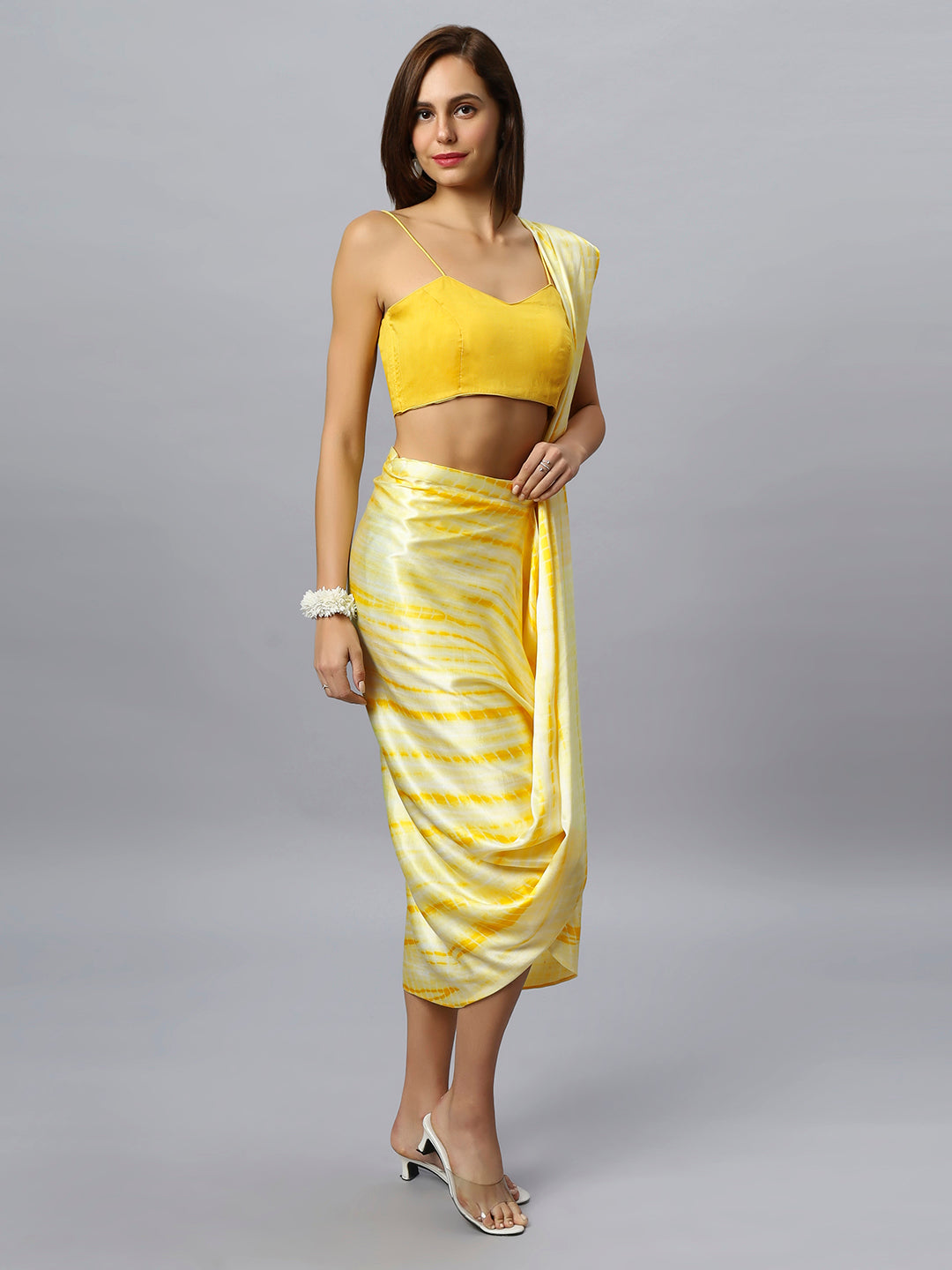 Buy Avril Yellow Modal Satin Tie Dye Sarong Saree Online - Back