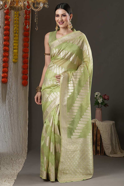 Buy Cindy Light Green Organza Bagh Chanderi One Minute Saree Online - One Minute Saree