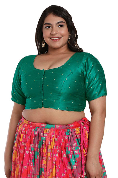 Buy Rama Green Brocade Half Sleeves Full-Figure Blouse Online - One Minute Saree