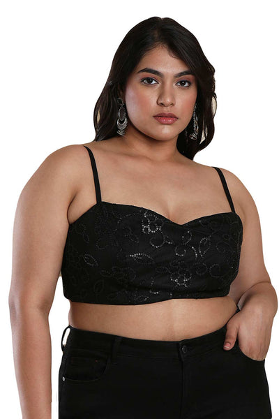 Buy Jenna Black Net Embroidered Strappy Full-Figure Blouse Online - One Minute Saree