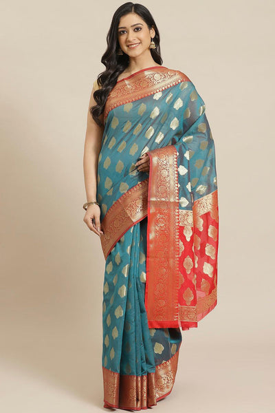 Buy Anouk Teal Blue & Red Woven Art Silk One Minute Saree Online - One Minute Saree