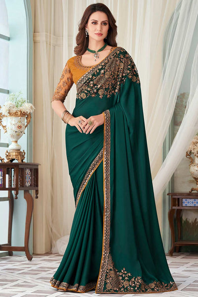Buy Tessa Green Satin Silk Sequins Embroidered One Minute Saree Online - One Minute Saree