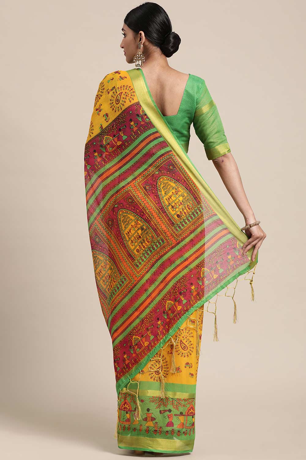 Shop Marni Yellow Linen Blend Warli Print One Minute Saree at best offer at our  Store - One Minute Saree