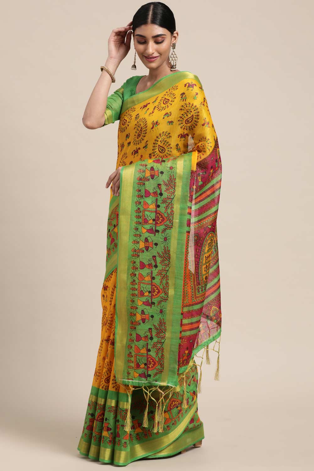 Buy Marni Yellow Linen Blend Warli Print One Minute Saree Online