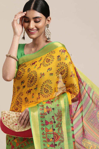 Buy Marni Yellow Linen Blend Warli Print One Minute Saree Online - Back