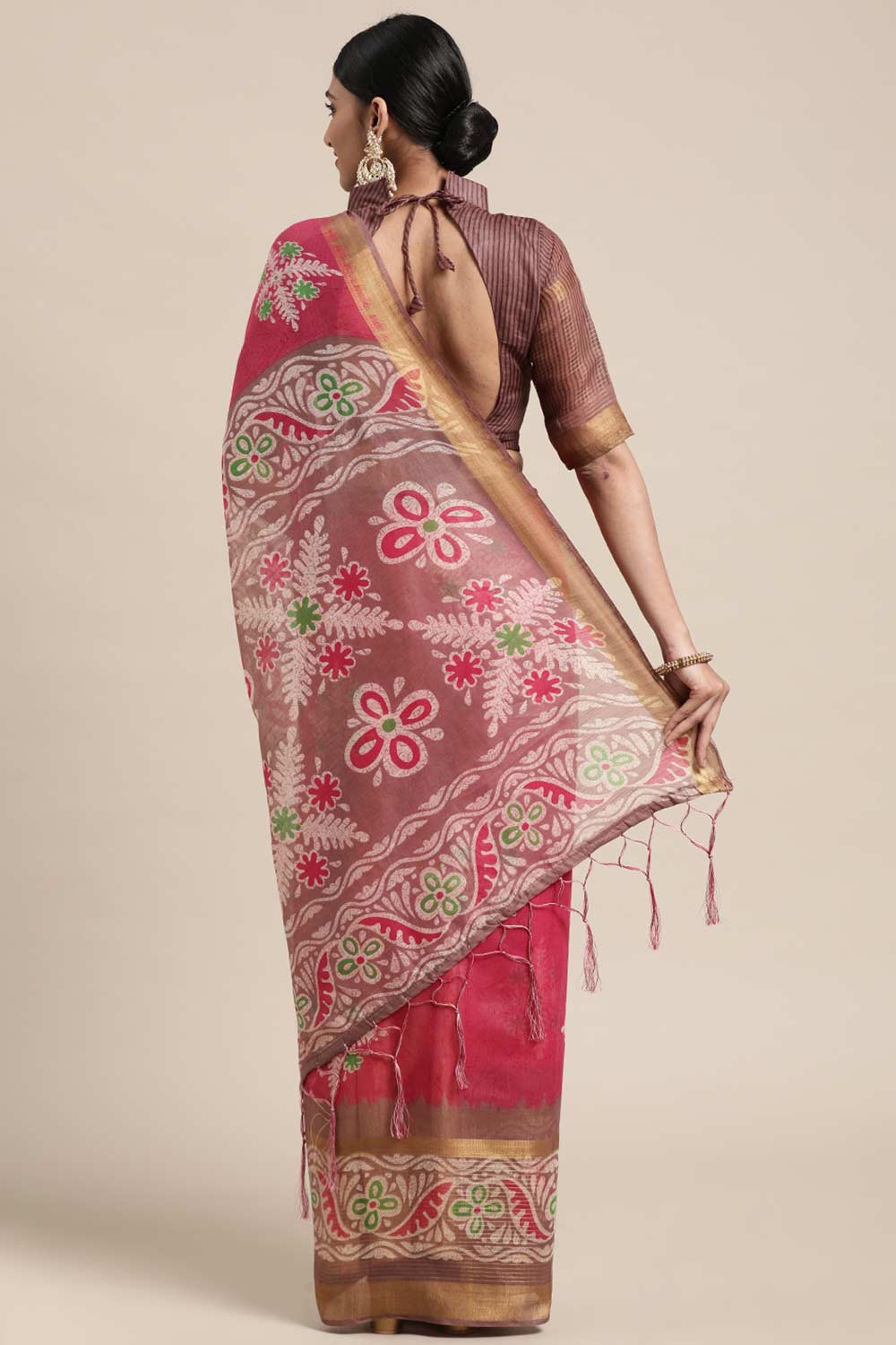 Shop Pulki Pink Linen Blend Floral Taant One Minute Saree at best offer at our  Store - One Minute Saree