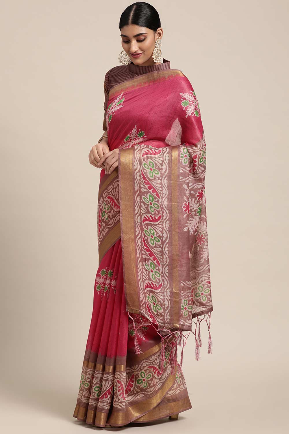 Buy Pulki Pink Linen Blend Floral Taant One Minute Saree Online