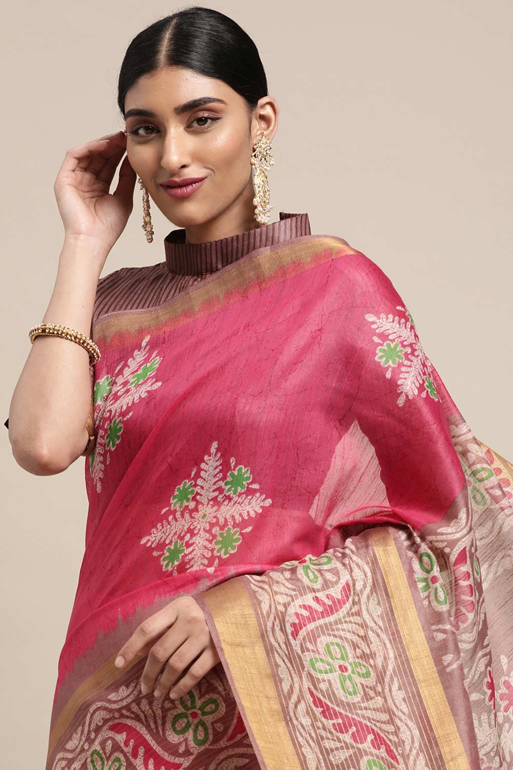 Buy Pulki Pink Linen Blend Floral Taant One Minute Saree Online - Back