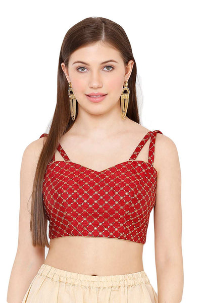 Buy Rina Maroon Embroidered Art Silk Strappy Sleeveless Blouse Online - One Minute Saree