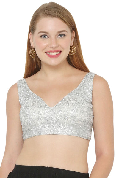 Buy Cassie Grey Net Sequin Embroidered Sleeveless Blouse Online - One Minute Saree