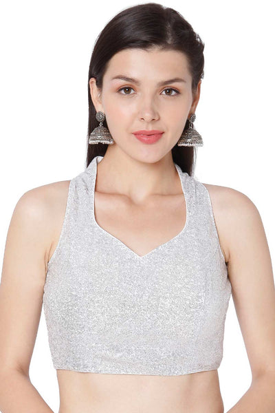 Buy Myra Silver Georgette Sequin Strappy Sleeveless Blouse Online - One Minute Saree