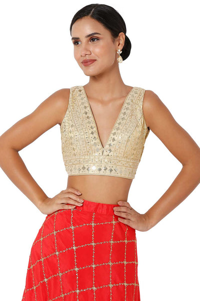 Buy Adina Gold Tissue Embroidered V-Neck Sleeveless Blouse Online - One Minute Saree