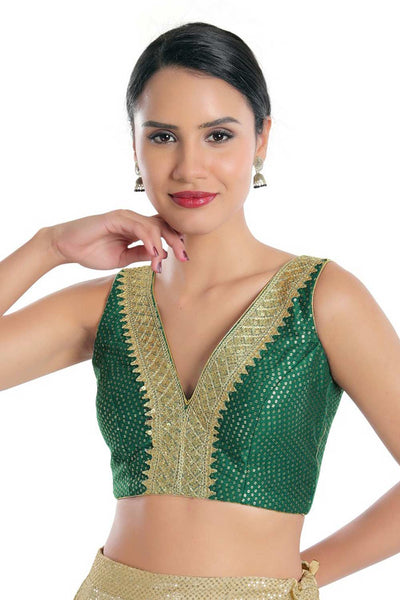 Buy Uma Green Art Silk Embroidered V-Neck Sleeveless Blouse Online - One Minute Saree