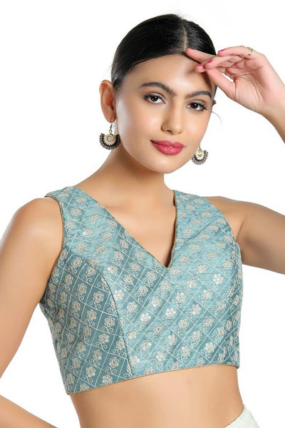 Buy Blanche Dusty Blue Art Silk Embroidered Sleeveless Blouse Online - One Minute Saree