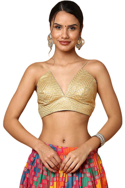 Buy Alia Gold Deep-V Strappy Sleeveless Blouse Online - One Minute Saree