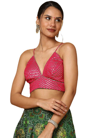 Buy Alia Pink Deep-V Strappy Sleeveless Blouse Online - One Minute Saree