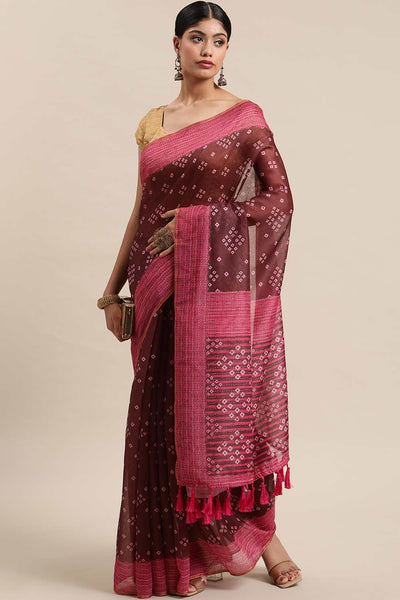 Buy Hema Pink Poly Cotton Bandhani Printed One Minute Saree Online - One Minute Saree
